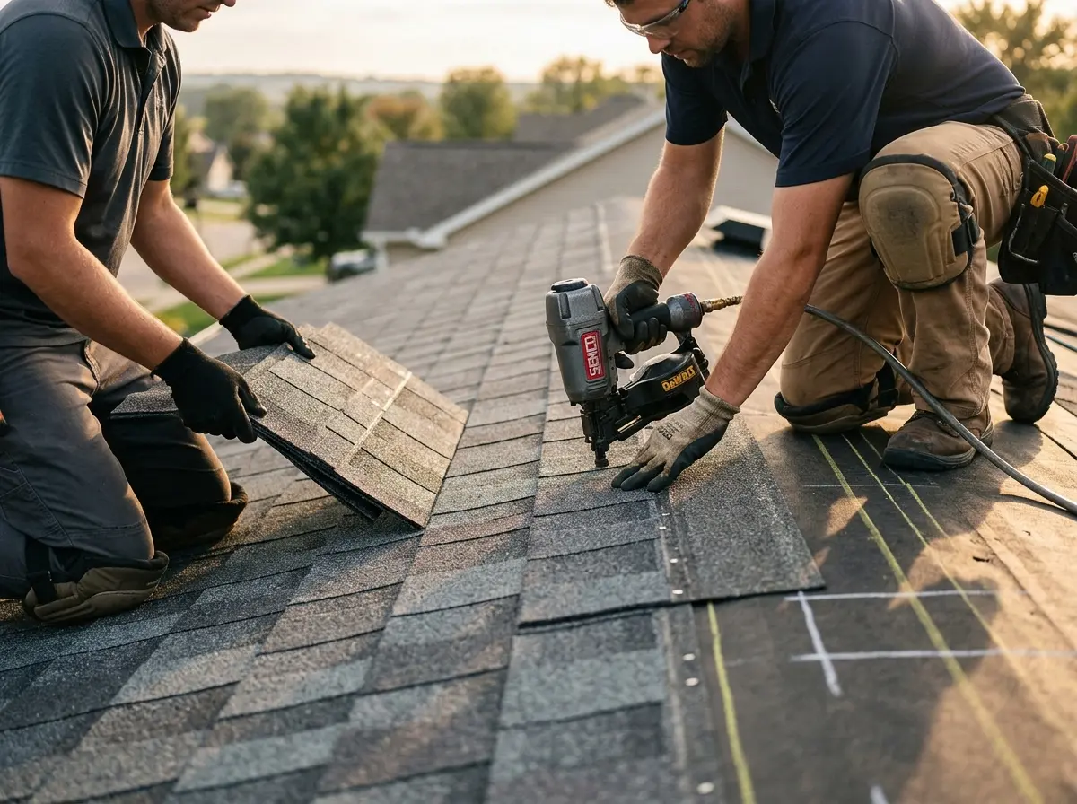Professional roofer working on a residential roof in Lake Jackson